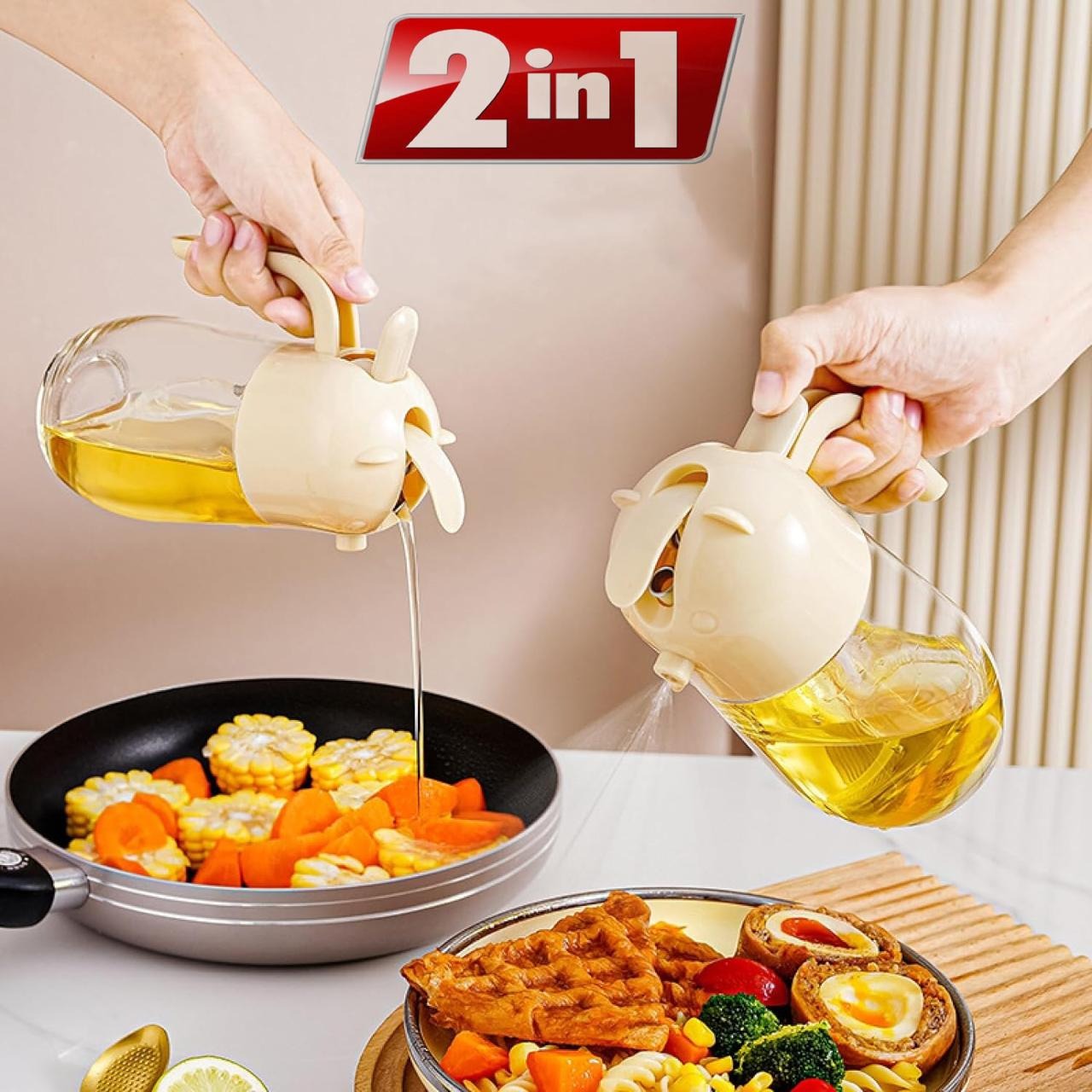 2-in-1 Glass Oil Sprayer and Dispenser, Oil Spray Bottle for Cooking, Oil Dispenser for Kitchen, Oil Bottle Dispenser Spray for Cooking, Air Fryer, BBQ etc, 580ML.